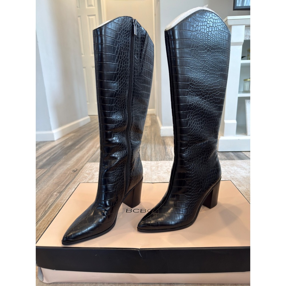 BCBGeneration Harlyn Black Croc Embossed Pointed Toe Block Heel Tall Boots